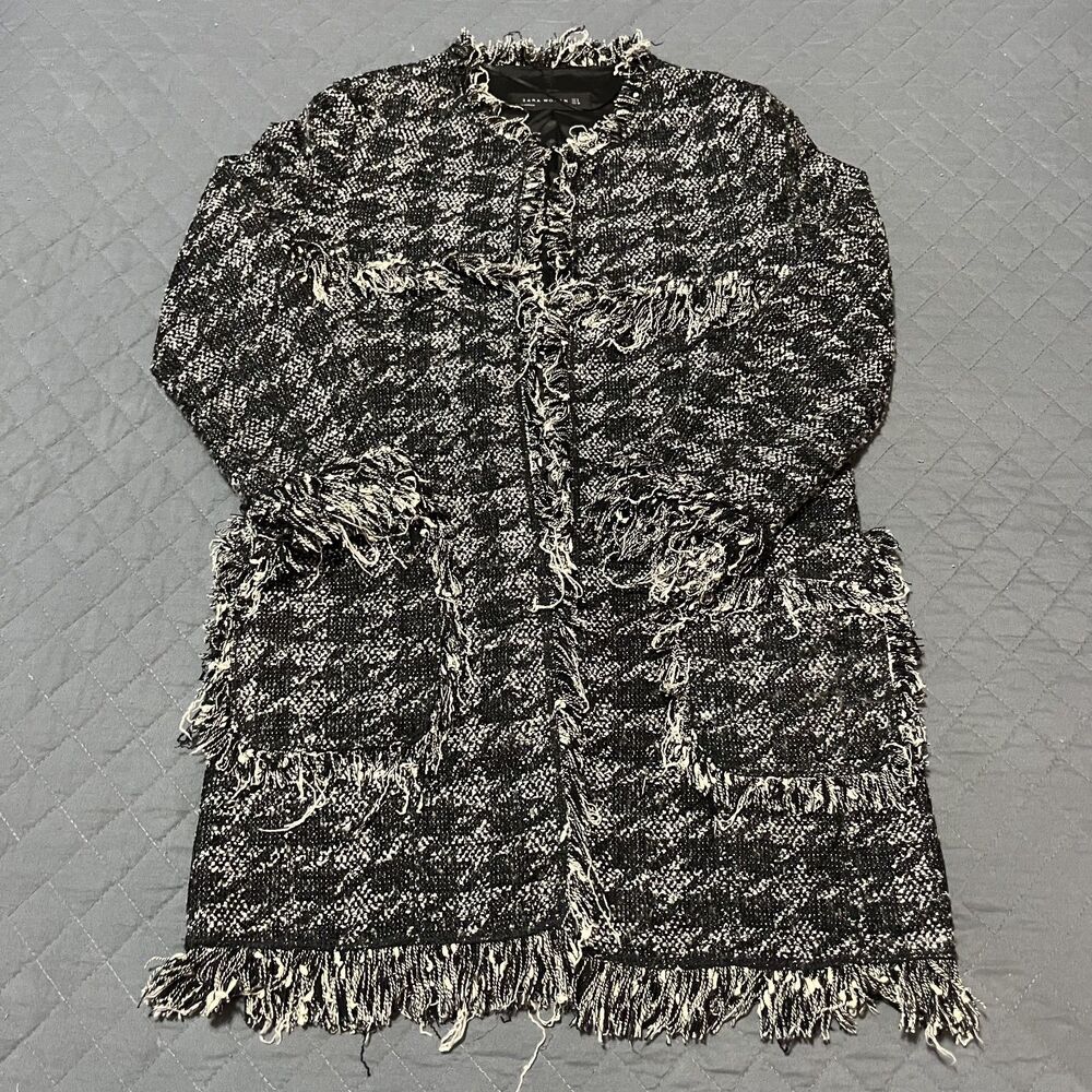 Zara Women's Tweed Black White Jacket Blazer S Houndstoothโ Fringe Cardigan Coat